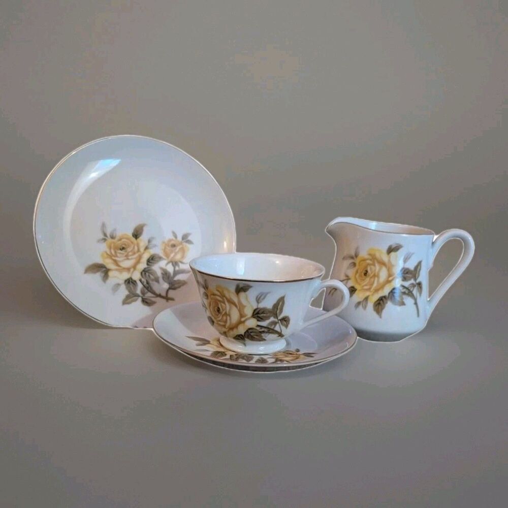 Talisman by Norleans Yellow Rose Plate, Cup, Saucer & Creamer Dish W/Gold Trim